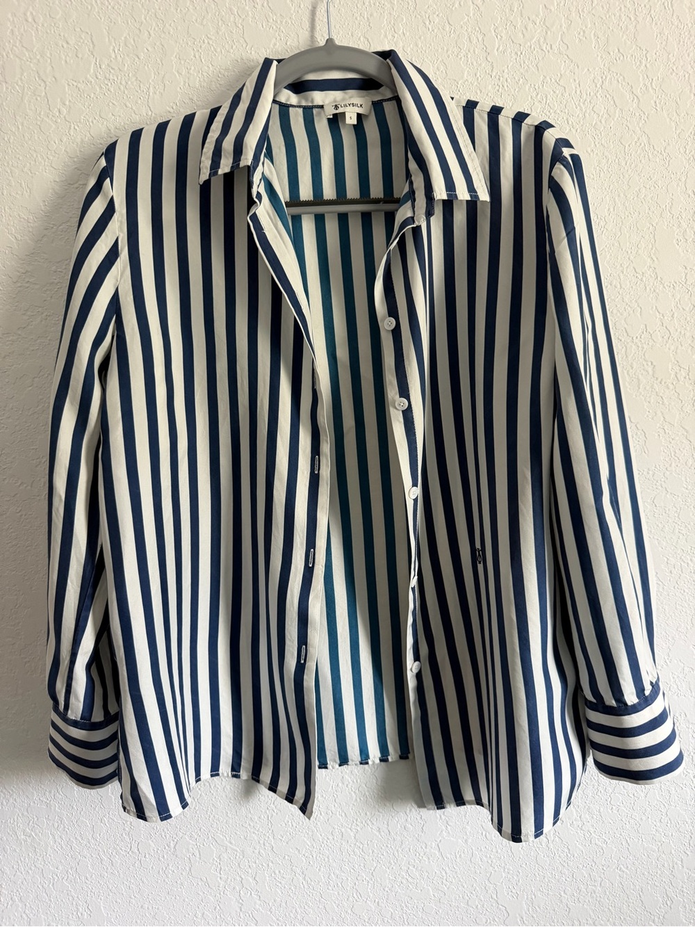 Lilysilk Striped Navy and White Button-Up Shirt
